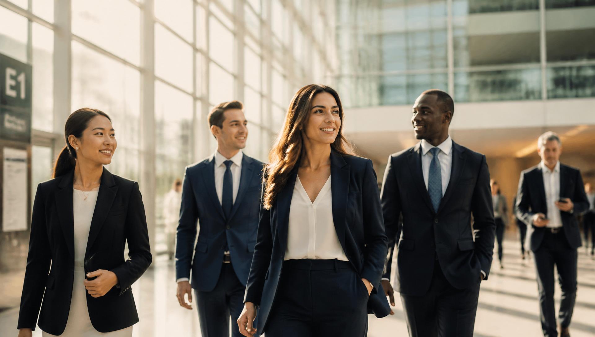 International professionals walking through a modern terminal