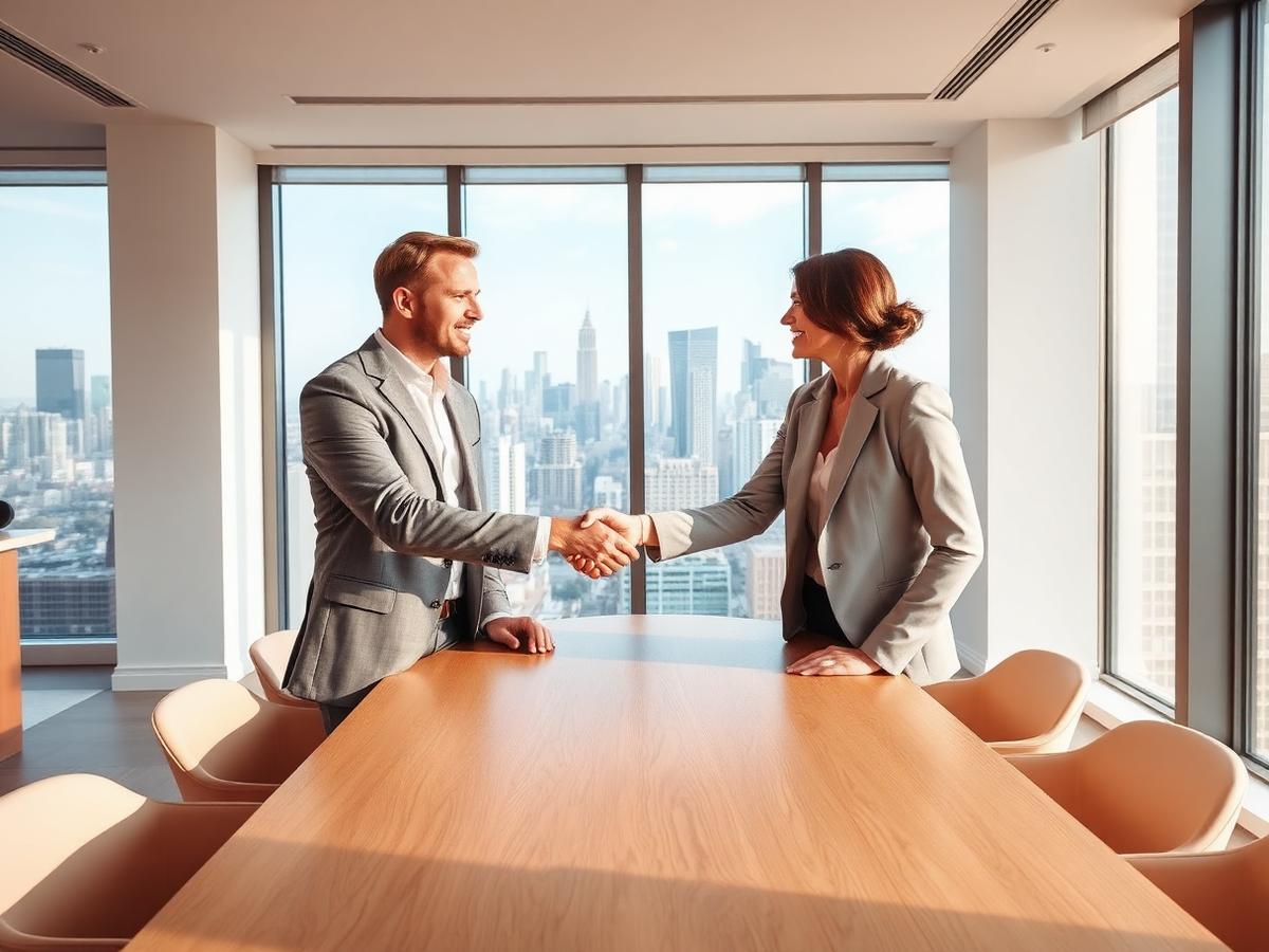 Professionals shaking hands in a premium office